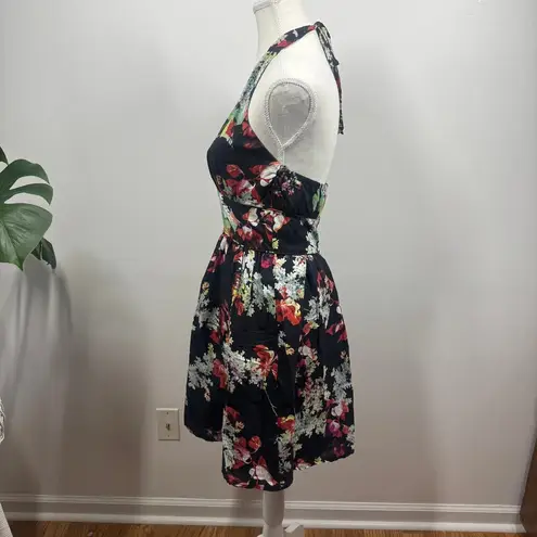 Aryeh Dress Women M Black Floral Halter Fit & Flair Cotton Blend Vacay Y2K Party
