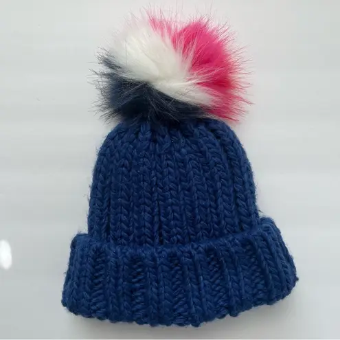 Boden Blue,Pink,White and Red Pom Pom Knit Ribbed Beanie Size XS Stretch Blue