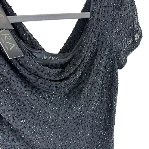 Jkara NWT Black Beaded Drape Neck Cap Short Sleeve Lined Blouse Size S