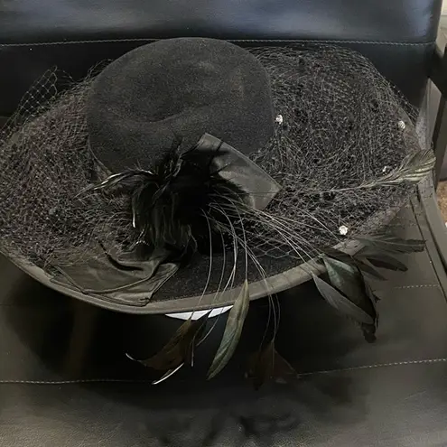 Angiolo Frasconi Wide Brim Black Velour Lace Feather Studded Funeral Hat OSFA