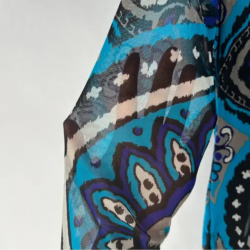 INC Teal Blue Black Sheer Mesh Geometric Print Beaded 3/4 Sleeve Top Size S