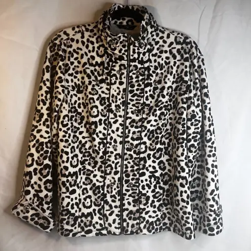 Lisa International Animal Print Zip Up Mock Neck Bold Statement Jacket Size XL White