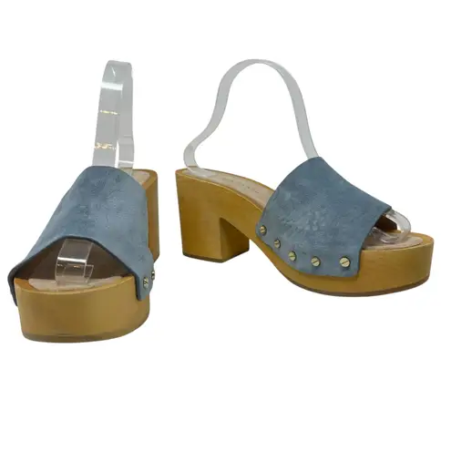 Veronica Beard Hannalee Suede Clog Sandals Heels Slide Wooden Blue Size 10