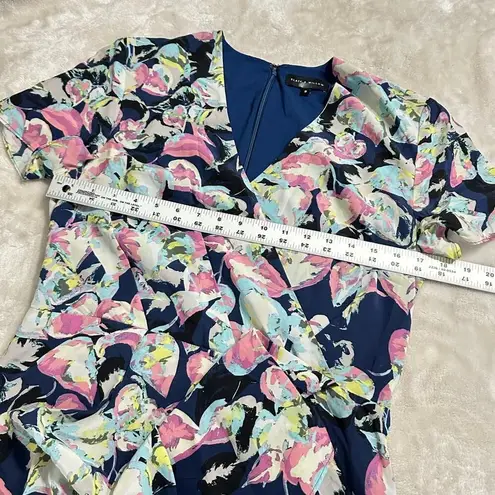 Slate + Willow Mini Dress Women's 8 Blue Silk Mixed Floral Printed Faux Wrap RTR
