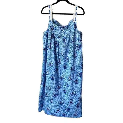 Vintage Muumuu 1X Blue Floral Sleeveless Lace Accents Nightgown Lightweight