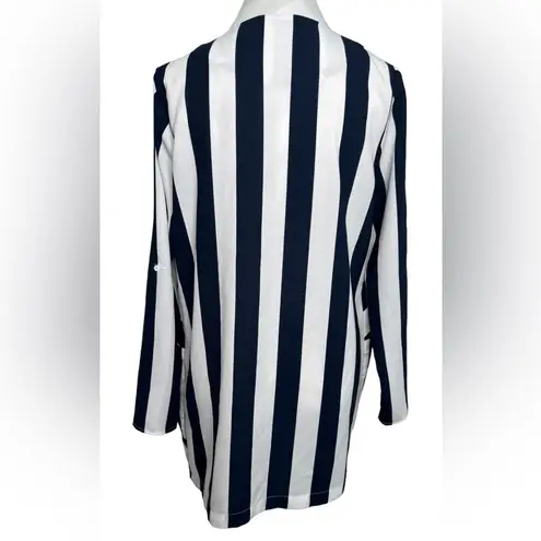 Elodie Navy Stripe Trendy Open Front Blazer Jacket Long Sleeve Size Medium