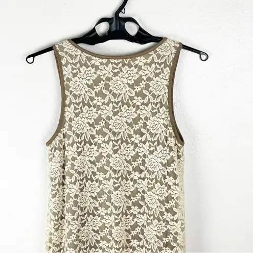 Ryu Brown Cream Crochet Tiered Lace Floral Sleeveless Lined Dress, Size Medium