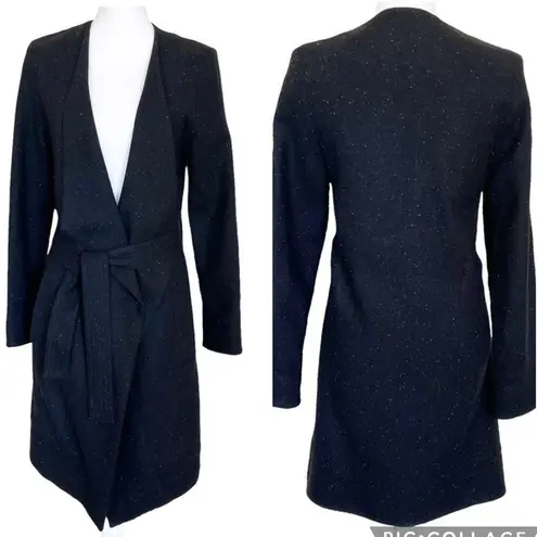 Alpha60 Drape Front Wool Blend Tie Front Jacket Black Fleck Mid Length Size XS