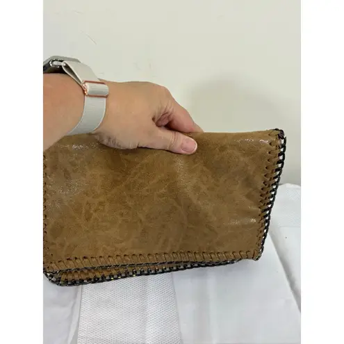 Women's Tan Clutch Bag with Silver Chain Detail