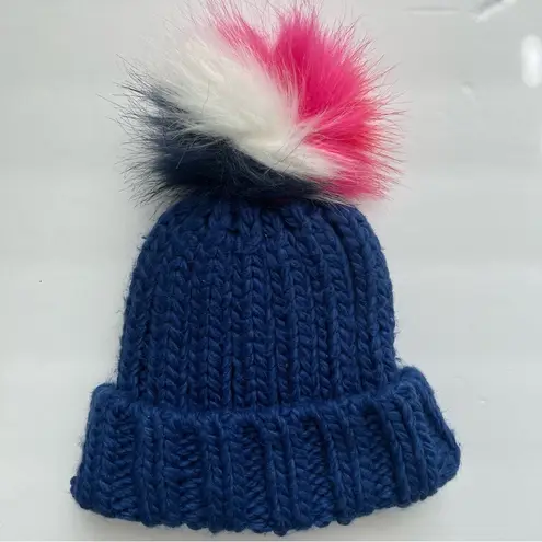 Boden Blue,Pink,White and Red Pom Pom Knit Ribbed Beanie Size XS Stretch Blue