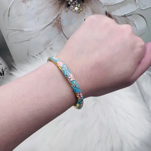 Cotton Candy Blue & Pink Flower Enamel Cloisonne Bracelet Bangle