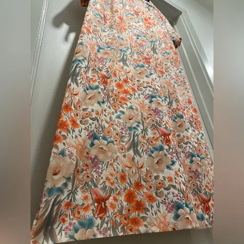 VTG Peach Orange Floral Print Short Sleeve Midi Dress