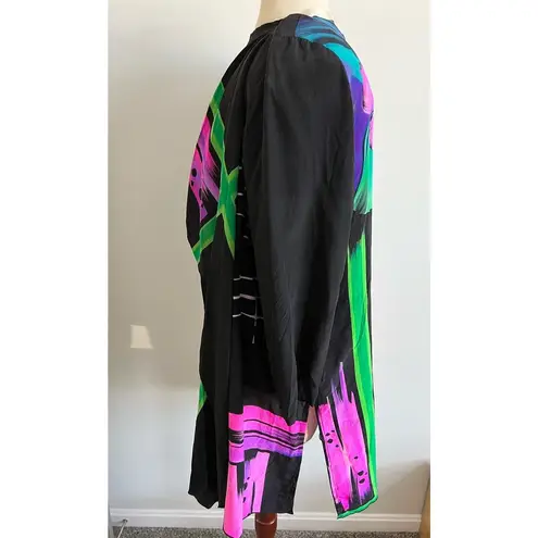 Vintage Custom Made Silk Watercolor Shirt & Kimono Set Small Black