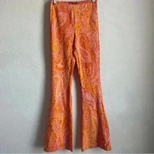 ZARA  Orange Pink Paisley Retro‎ Hippie Flare Elastic Waist Pants Size S-NWT
