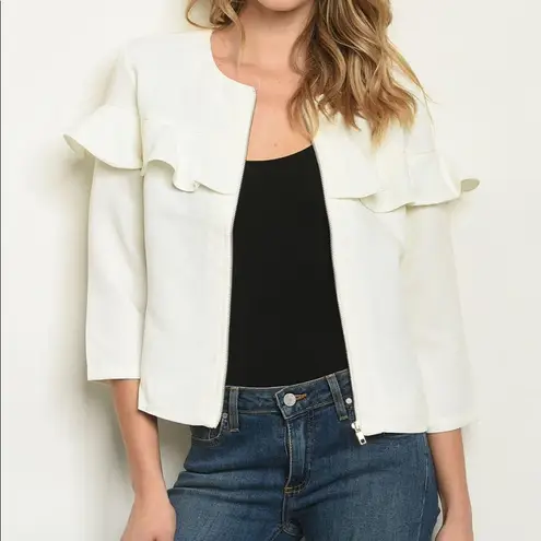 Lightweight Ruffle Jacket Ivory Zip Up White