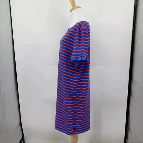 Tory Burch  Red Blue Striped Mini Dress Cotton Ruffle Trim short Sleeve Small