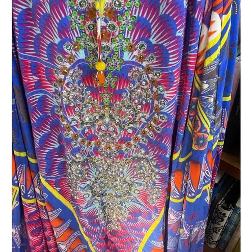 Camilla 100% Silk Swarovski Beaded V-Neck Bright Print Maxi Dress Size Medium/Lg