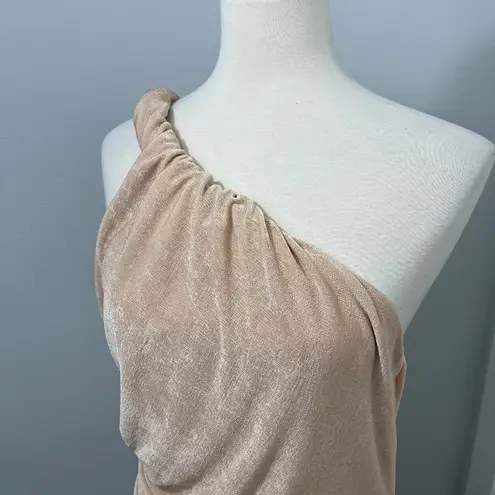 New Misha Size 12 Rose Gold Dune One Shoulder Ruched Midi Dress