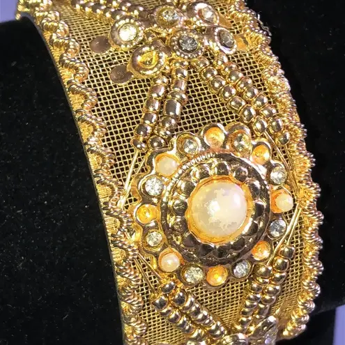 Gold Tone Mesh Rhinestone Faux Pearl Boho Retro Chunky Bangle Bracelet