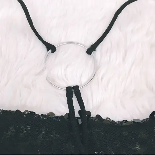 Free People  Fun At Parties Black Sequin Strappy Crop Top Open Back Large New‎