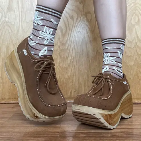 Soda Vintage Y2K Brown Suede Leather Moccasin Chunky Platform Wooden Shoes