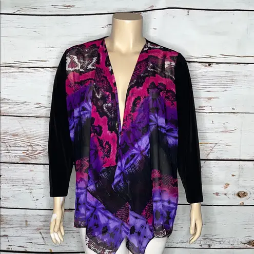 Susan Graver Size 1X Black - Chiffon Printed Open Front Cardigan Jacket