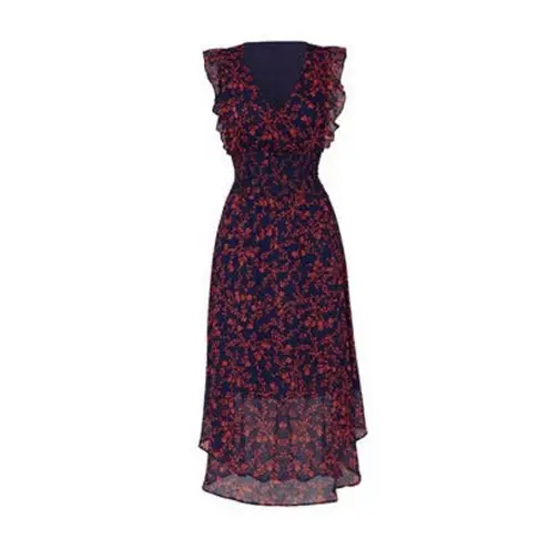 Slate + Willow Navy Smocked Waist Red Orange Printed Florals Dress Size XS