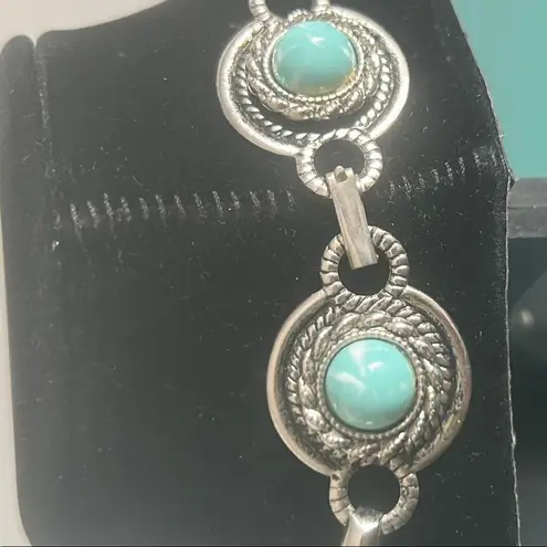 Vintage Faux Turquoise Cabochon Silver Tone Link Southwestern Choker Necklace Blue