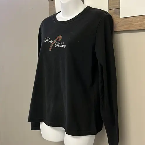 Source Unknown Black Christmas Thin Sweatshirt with Happy Holidays with Metallic Candy Cane- XL