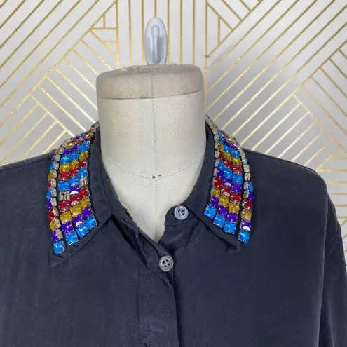 Equipment Rainbow Jeweled Collar Silk Button-Down Blouse Gray Size US Small