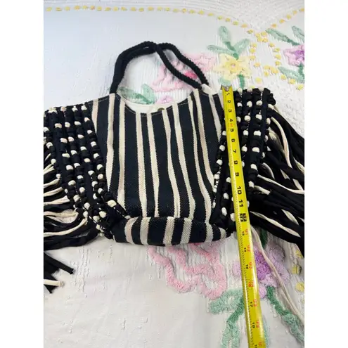 Striped Fringe Tote Bag Bohemian Purse Black Cream Woven Rope Handles