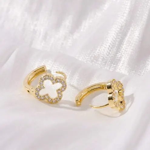Gold Clover Crystal Huggie Hoop Earrings