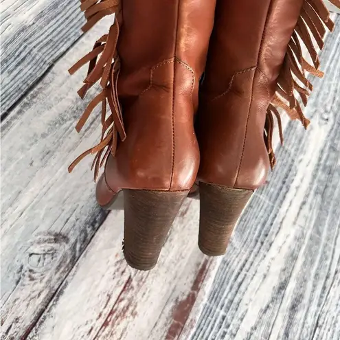 Vintage Nicole Genuine Leather Fringe Tall Heeled Boots Brown Size 8