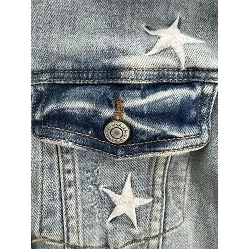 Eunina Women's Blue Denim Jacket L Star Embroidered Long Sleeve