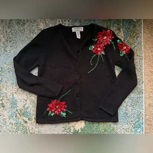 Vintage Tiara International sequin embroidered poinsettia cardigan, size small Red