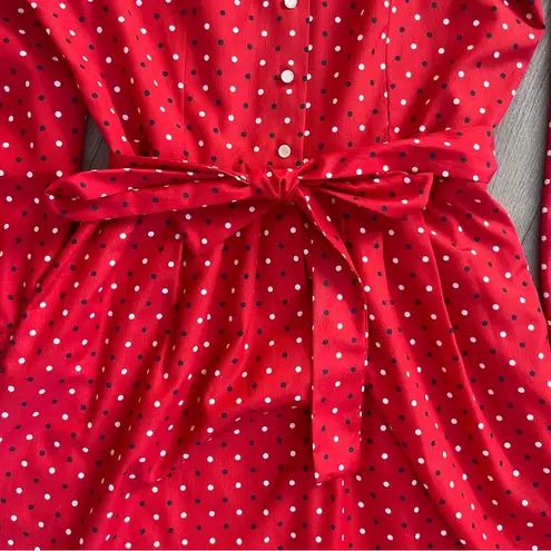 Leslie Fay Vintage Red Polka Dot Long Sleeve White Collar Midi Dress Belted 14