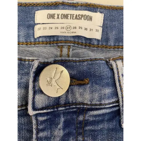 One Teaspoon One X  Stretch Cropped Raw-Hem Denim Jeans Women’s Sz 27 Medium Wash