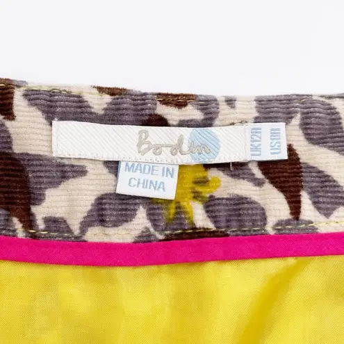 Boden Corduroy Pencil Skirt Brown Yellow Leaf Print Ruffled Hem Women's Size 8