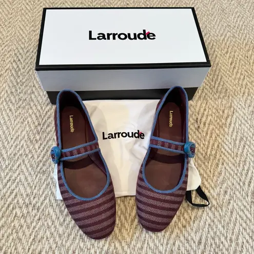 NWT LARROUDE Verona Ballet Flats Awning Stripe Wine & Ribbon Stoned Blue | 8 Purple