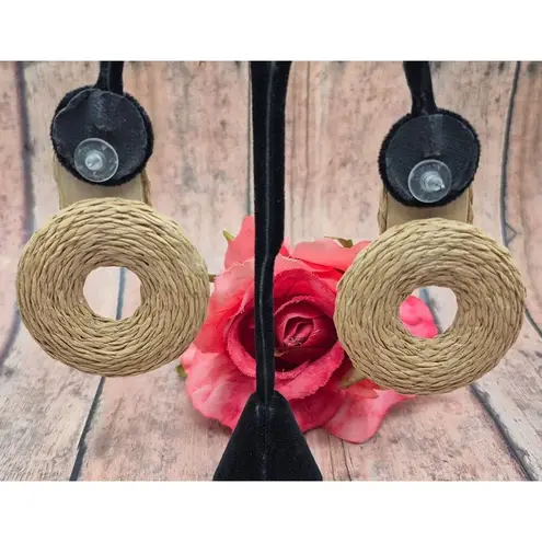 Brown Statement Woven Straw Door Knocker Hoop Earrings Boho Neutral Pierced