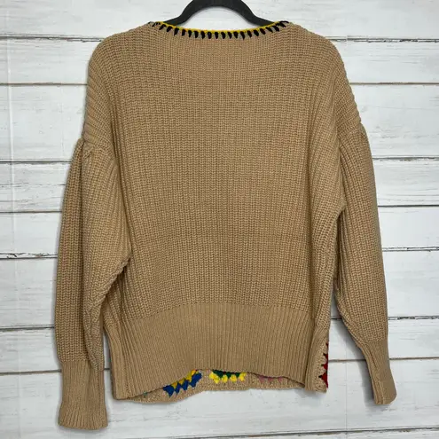 Blue Velvet Crochet Granny Square Boho Knit Sweater Size Small Multicolor Tan