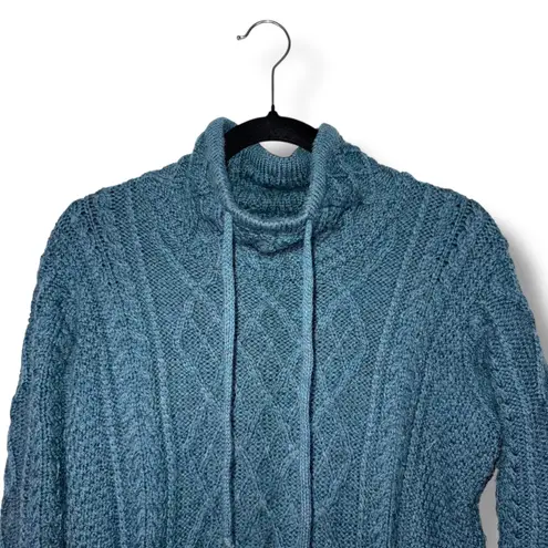 Aran Cable Knit Wool Blend Turtleneck Sweater Pullover Blue Small Womens