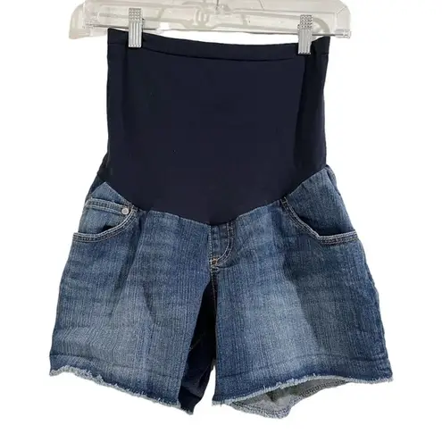 Indigo Blue Stretch Denim Full Panel Raw Hem Maternity Shorts Size Small
