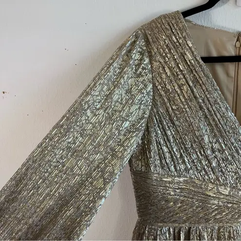 Aidan Mattox Dress Gold V-Neck Long Blouson Sleeve Tea Length A-Line Sz 12 NWT