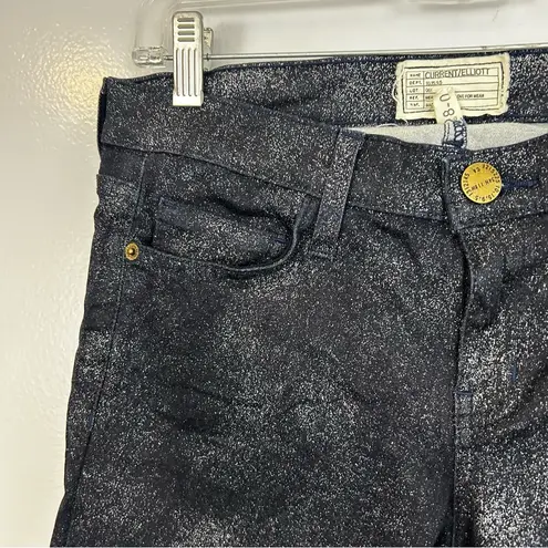 Current/Elliott  The Stiletto Silver Foil Skinny Ankle Jeans Blue/Black Size 28