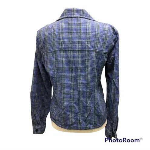 Vintage 90s Evolution cropped blue green plaid flannel Grunge Shirt Size S