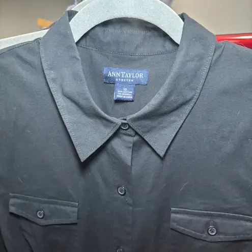 Ann Taylor Shirt Dress Black 10 Pockets Cotton Spandex Tab Sleeves Button Down