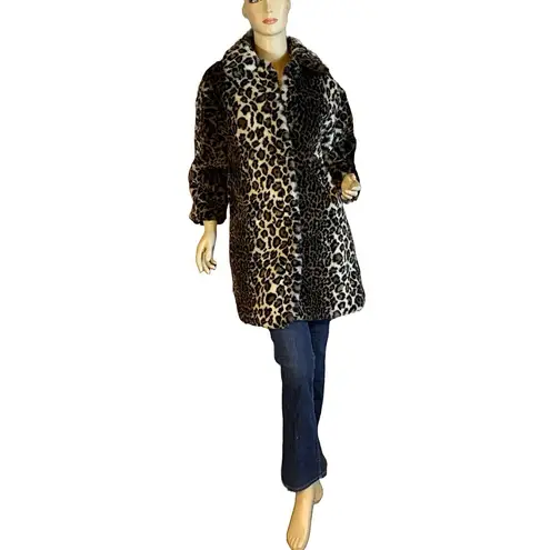 VINTAGE 1980'S BEBE NOSH BLACK & TAN ANIMAL PRINT FAUX FUR COAT (M) Size M