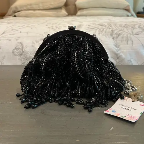 NWT Elegant Black Beaded Fringe Evening Clutch Crossbody Bag