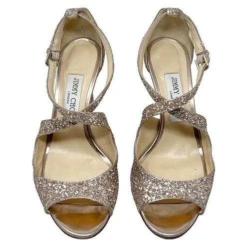 Jimmy Choo  Emily Coarse Glitter Champagne Cross Strappy Peep Toe Heels Sandals